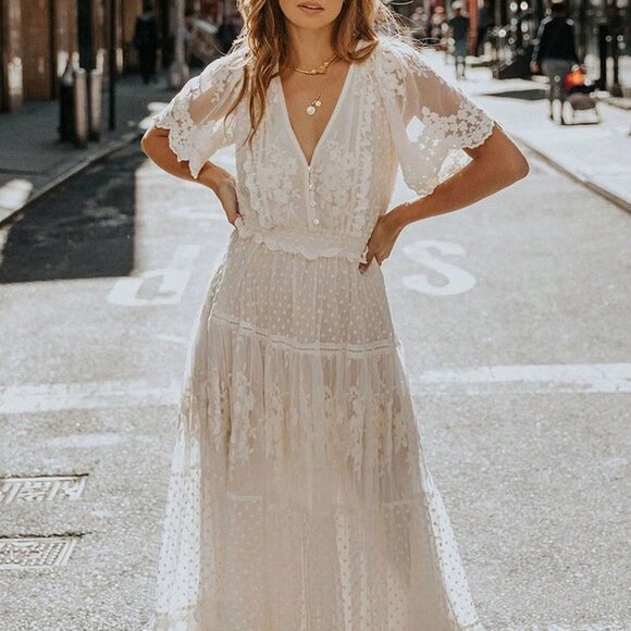 White Bohemian Womens V-Neck Buttoned Floral Lace Flowy Polka Dot Fringe Dress - Picture 4 of 5